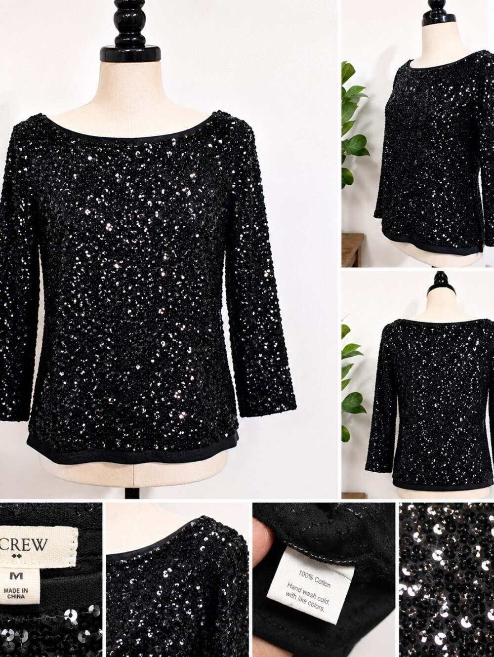J.Crew Black Sequin Party Top Size M Long Sleeve Sparkly Blouse